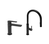set mitigeur lavabo à levier sans tirette + mitigeur cuisine avec douchette extractible 2 jets, noir mat (SATBSD2OD271C)