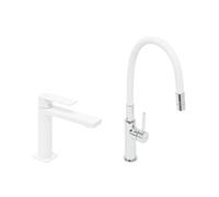 set mitigeur lavabo à levier sans vidage + mitigeur cuisine bec flexible, aérateur Neoperl®, blanc (SATBSD271B)