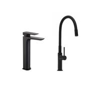 set mitigeur lavabo haut + mitigeur cuisine, bec flexible, aérateur Neoperl®, noir mat (SATBS285C)
