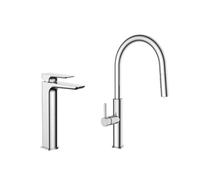set mitigeur lavabo haut, sans vidage + mitigeur cuisine avec douchette extractible 2 jets, chrome (SATBSBD285)