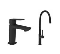 set mitigeur lavabo sans tirette + mitigeur de cuisine avec aérateur Neoperl®, noir mat (SATBS271C)
