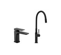 set mitigeur lavabo sans vidage + mitigeur cuisine, bec flexible, aérateur Neoperl®, noir mat (SATBSBDR271CM)