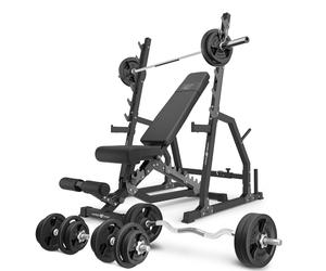 Set MS3_2.0_113KG | banc double face + supports de gymnastique avec baudrier et écartement réglable + kit de barres d'haltères renforcées et de disques pour la musculation de 113 kg - Marbo Sport