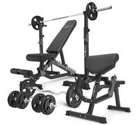 Set MS33_2.0_83KG_G | banc double face + supports d'haltères multi-niveaux + Banc Scott avec support réglable + kit de barres d'haltères renforcées et de disques caoutchoutés pour la musculation de 83