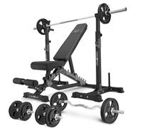 Set MS34_2.0_83KG_G | banc double face + supports d'haltères multi-niveaux (2 pièces) avec assistance + kit de barres d'haltères renforcées et de disques caoutchoutés pour la musculation de 83 kg - Ma