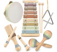 Set Musical Boho Stoie’s en Bois pour Enfants 1-9 Ans : Xylophone, Tambourin, Triangle, Maracas. Éducatif, Montessori, Couleurs Naturelles, Sac Coton, Sons Nets et sûrs
