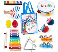 Set Musical Stoie’s pour Enfants 3-5 Ans : Xylophone, Maracas, Tambourin. Prise adaptée, Sons Nets, matériaux sûrs et durables. Format Compact, livré avec Sac de Rangement