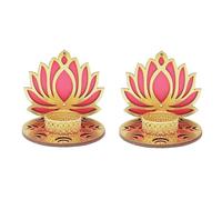 Set of 2 Decorative MDF Wooden Lotus T Light Holder Candle Stand Tealight for Indian Traditional Festival Decorations Lighting Accessories Home Decor(Without Wax)(Size:-4")(Pink & Golden)