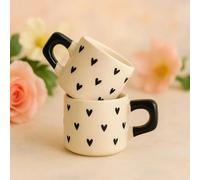Set of 2 Handmade Ceramic Mugs with Black Heart Design for Elegant Coffee Moments