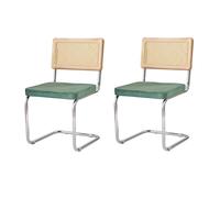 Set of 2 Modern Dining Chairs Upholstered Velvet Kitchen Chairs with Rattan Backrest Stylish Green Mid-Century Dining Room Seats - Comfortable & Chic