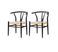 Set of 2 Modern Woven Dining Chairs High-Density Rattan Cushion Y-Shaped Back Support Black Metal Legs Ideal for Dining Room Living Room Kitchen - Black