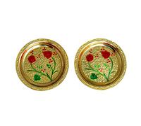 Set of 2 Pooja thali Small Decorative Brass Minakari work Plate, Indian Prasad Plate Katori for Pooja Utensils Item Articles for Indian Traditional Festival New year Decorations(Size:-2.5" Diameter)