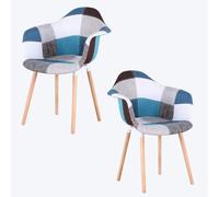 Set of 2 Upholstered Dining Chairs with Arms Patchwork Fabric Solid Wood Legs Perfect for Kitchen Living Room Office - Blue Comfortable & Stylish