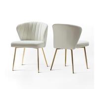 Set of 2 Velvet Dining Chairs Modern Makeup Chairs Golden Metal Legs Stylish Living Room & Dining Room Seating Elegant White Upholstery for Bedroom & Home Decor