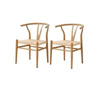 Set of 2 Woven Dining Chairs with Cushioned Rattan Seat Y-Shaped Backrest Wood Grain Metal Legs Perfect for Dining Rooms and Living Rooms