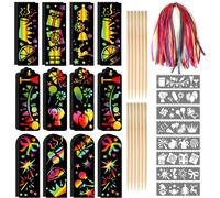 Set Of 24 Rainbow Bookmarks With Wooden Pens Ribbons Painting Templates For Filling Children's Party Bags,Birthday Gift,Scratch Art