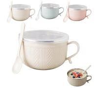 Set of 3 25-Oz Mug Meals With/Lid-Its,Christmas 3 Piece Meal Mugs with Handles & Spoon,Stainless Steel Double-Layer Heat-Resistant Bowl for Coffee, Soups, Stews (Beige)