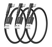Set of 3 Angled USB C Cable 0.5 m USB C Fast Charge and Synchro Cable Short 90 Degree Nylon Braided Type C Cable Compatible with Huawei P40, Galaxy S22 (Black)