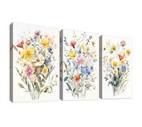 Set of 3 Cadre en Bois Impression sur Toile Bouquet de Fleurs Colorées Tableau Image sur Toile Jaune Blanc Fleurs Sauvages Marguerites Peinture Tableau Decoration Murale Salon Chambre 50x70cm x 3pcs