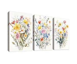 Set of 3 Cadre en Bois Impression sur Toile Bouquet de Fleurs Colorées Tableau Image sur Toile Jaune Blanc Fleurs Sauvages Marguerites Peinture Tableau Decoration Murale Salon Chambre 30x40cm x 3pcs
