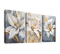 Set of 3 Cadre en Bois Impression sur Toile Fleurs de Lys Gris Blanc Tableau Image sur Toile Étamines dorées Beige Floral Peinture Tableau Decoration Murale Salon Chambre Salle de Bain 30x40cm x 3pcs