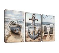 Set of 3 Cadre en Bois Impression sur Toile Plage Côtière Tableau Image sur Toile Voilier et Ancre Nautique Peinture Vintage Océan Plage Tableau Decoration Murale Salon Chambre 30x40cm x 3pcs