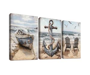 Set of 3 Cadre en Bois Impression sur Toile Plage Côtière Tableau Image sur Toile Voilier et Ancre Nautique Peinture Vintage Océan Plage Tableau Decoration Murale Salon Chambre 30x40cm x 3pcs