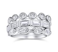 Set Of 3 Geometric Stackable Wedding Band Rings For Women With Cubic Zirconia Baguette Marquise Round CZ In .925 Sterling Silver