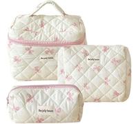 Set of 3 Women's Quilted Toiletry Bag, Makeup Storage Pouch, Large Capacity Toiletry Bag, Travel Cosmetic Bag, Women's Makeup Bag, Pink, Fashion.