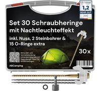 Set of 30 Steel Screw-In Pegs for Soft to Hard Floors, Tent Screws with Luminous Effect, with Carry Box, 12 O-Rings and Bit for Cordless Screwdriver