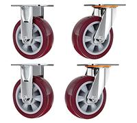Set of 4 Heavy Duty Silent Swivel Casters with Fixed Top Plate Polyurethane Brakes Industrial Rolling Wheels Dual Ball Bearings 4/5/6/8 inch Sizes for Furniture and