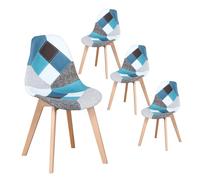 Set of 4 Modern Patchwork Dining Chairs Soft Multicolor Seat Wooden Legs Stylish Kitchen and Living Room Furniture Perfect for Café and Home Blue