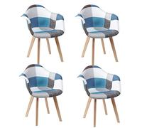 Set of 4 Patchwork Dining Chairs Linen Upholstered Ideal for Dining Room Living Room Café Modern Blue Accent Furniture