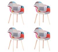 Set of 4 Scandinavian Dining Chairs Colorful Patchwork Upholstered Fabric Solid Beech Wood Legs (Red 4) - Modern Home Furniture Stylish Kitchen Seating