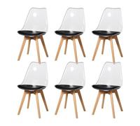 Set of 6 Clear Dining Chairs PU Leather Upholstered Seat Wooden Legs Modern Kitchen Furniture for Dining Room Living Room Café (Black PU)