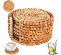 Set of 6 Hand Woven Rattan Coasters,3.14'' Vintage Drinks Tea Cup Mats,Round Teapot Insulation Mat Decoration,Heat Resistant & Anti Skid Reusable Table Protectors for Coffee Table Home Decor