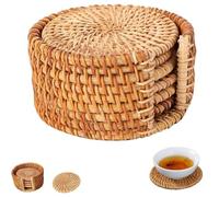 Set of 6 Hand Woven Rattan Coasters,Round Wicker Cup Mats with Cork Backing,Heat Durable Non Slip Drink Pads,Vintage Farmhouse Teapot Base,Home Bar Restaurant Decor (13cm/5.12in)