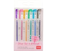 Set Of 6 Mini Glitterate Gel Pens, 0.8 X 11 Cm, Shine Like A Diamond, Tip Diameter 1 Mm, Colour: Purple, Gold, Green, Blue, Pink, Black