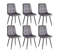 Set of 6 Modern Dining Chairs Upholstered Kitchen Chairs with 9-Grid Pattern Metal Legs Dutch Velvet Seat Stylish Grey Dining Room Furniture
