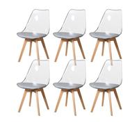 Set of 6 Transparent Dining Chairs PU Leather Cushioned Seat Wooden Legs Modern Kitchen Furniture for Dining Room Living Room Café (Gray PU)