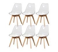 Set of 6 Transparent Dining Chairs PU Leather Cushioned Seat Wooden Legs Modern Kitchen & Living Room Furniture Stylish Cafe Chairs (White PU)