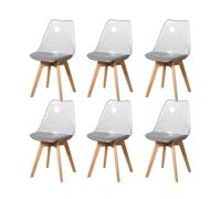 Set of 6 Transparent Dining Chairs Soft Linen Upholstered Seat Wooden Legs Modern Kitchen Chairs for Dining Room Living Room Café (Gray Linen)
