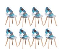 Set of 8 Modern Patchwork Dining Chairs Soft Multicolor Seats Wooden Legs Perfect for Kitchen Living Room Café - Stylish Blue Upholstery