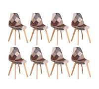 Set of 8 Modern Patchwork Dining Chairs Soft Multicolor Seats Wooden Legs Perfect for Kitchen Living Room Café Brown Upholstery