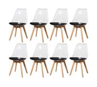 Set of 8 Transparent Dining Chairs PU Leather Cushioned Seat Wooden Legs Modern Kitchen & Dining Room Furniture Ideal for Dining Room Living Room Café (Black PU)