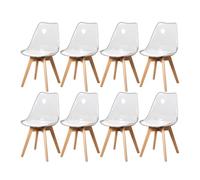 Set of 8 Transparent Dining Chairs PU Leather Upholstered Seat Wooden Legs Modern Kitchen & Living Room Furniture Stylish Café Chairs (White PU)