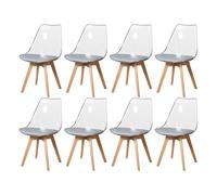 Set of 8 Transparent Dining Chairs PU Leather Upholstered Seats Wooden Legs Modern Kitchen Furniture for Dining Room Living Room Café (Gray PU)