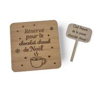 Set “Pause Chocolat Chaud du Lutin” - Accessoires Lutin farceur - sous-Verre et Pancarte en Bois gravés - Décoration de Noël Artisanale - Idée Cadeau Enfant