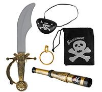 Set pirate 5 pièces comprenant un sabre + un bandeau + une boucle d'oreille en or + une longue-vue + un sac à tête de mort - Set de costume pour Mardi Gras/Carnaval