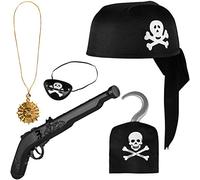 Set Pirate 5 Pièces pour Enfants - Chapeau Noir, Pistolet, Cache-Œil, Chaîne en Or avec Pendentif, Crochet - Costume pour Mardi Gras / Carnaval